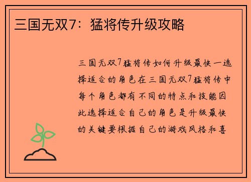 三国无双7：猛将传升级攻略